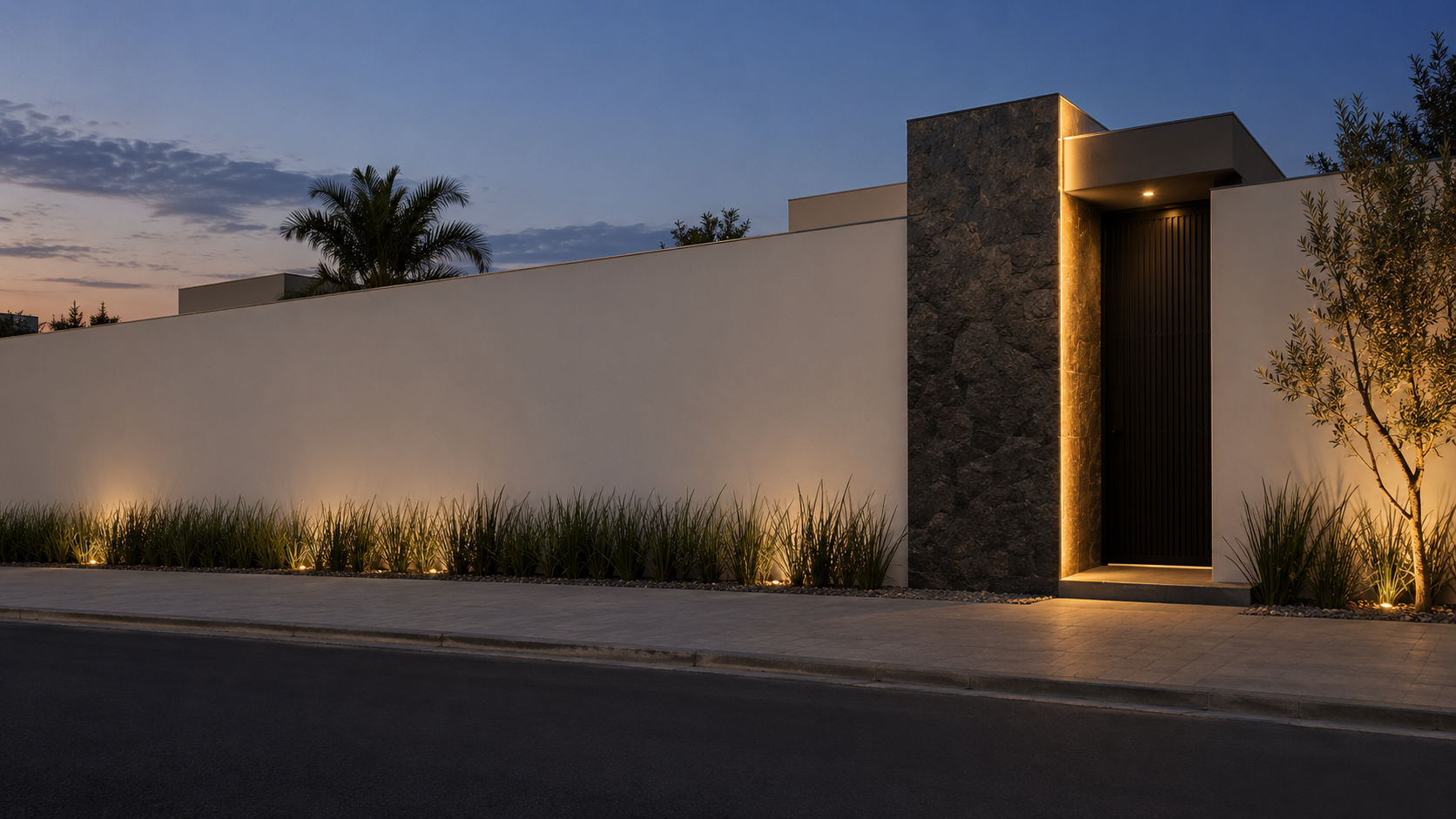 Revestimento para muro externo: 8 opções e como escolher para sol e chuva 1 Muro externo com pedra apenas no trecho de destaque da entrada e restante com acabamento claro