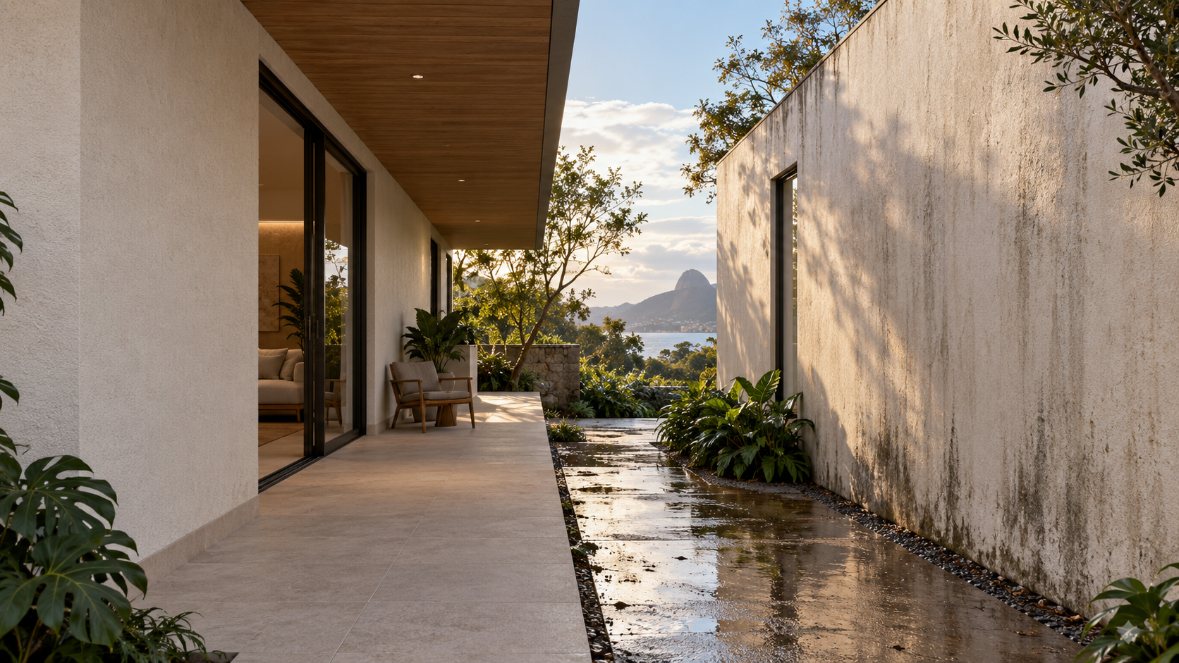 Revestimento para muro externo: 8 opções e como escolher para sol e chuva 2 Dois muros externos semelhantes em condições diferentes de proteção contra sol e chuva