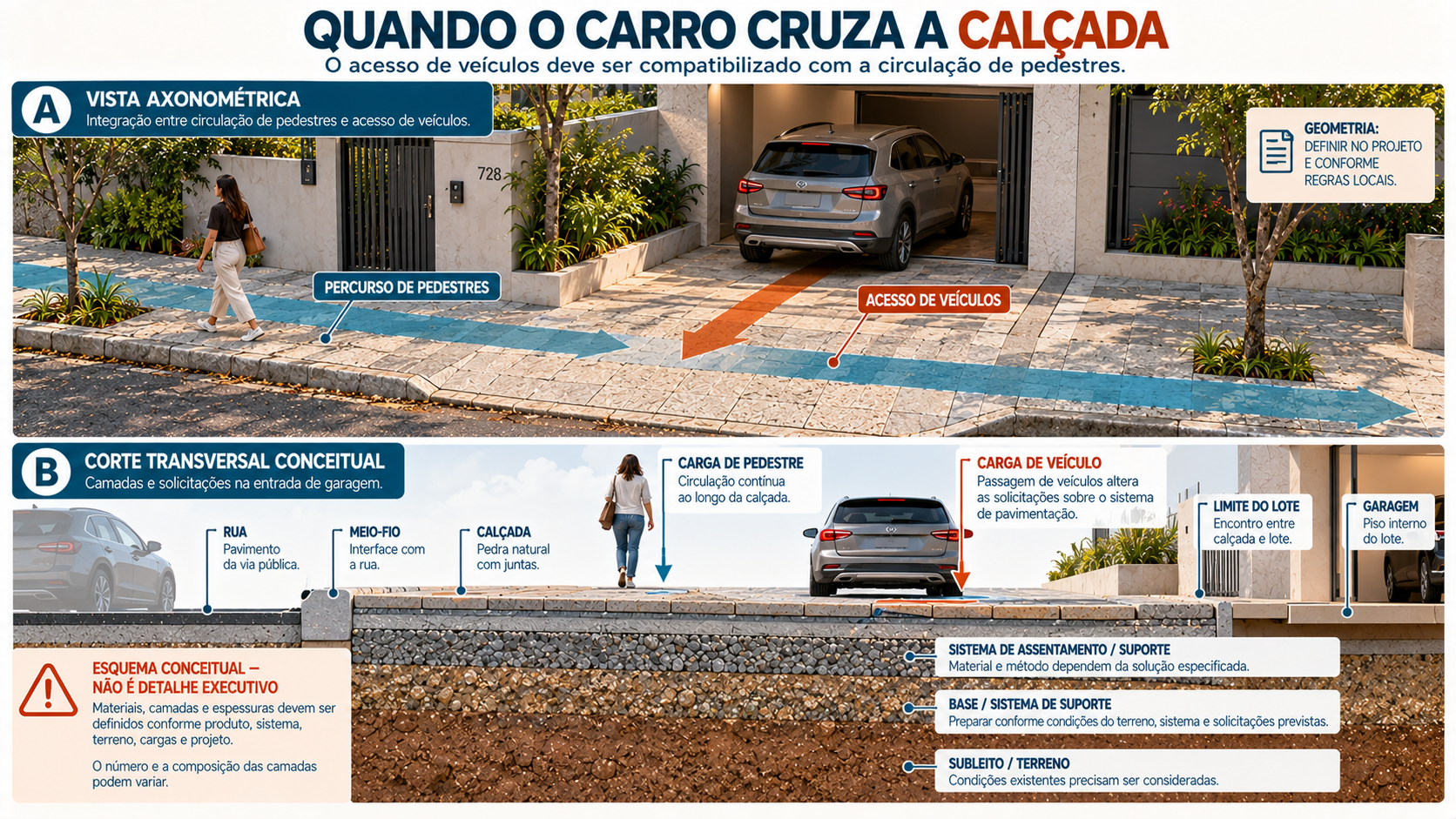 Diagrama de uma calçada de pedra com entrada de garagem mostrando a relação entre circulação de pedestres e acesso de veículos