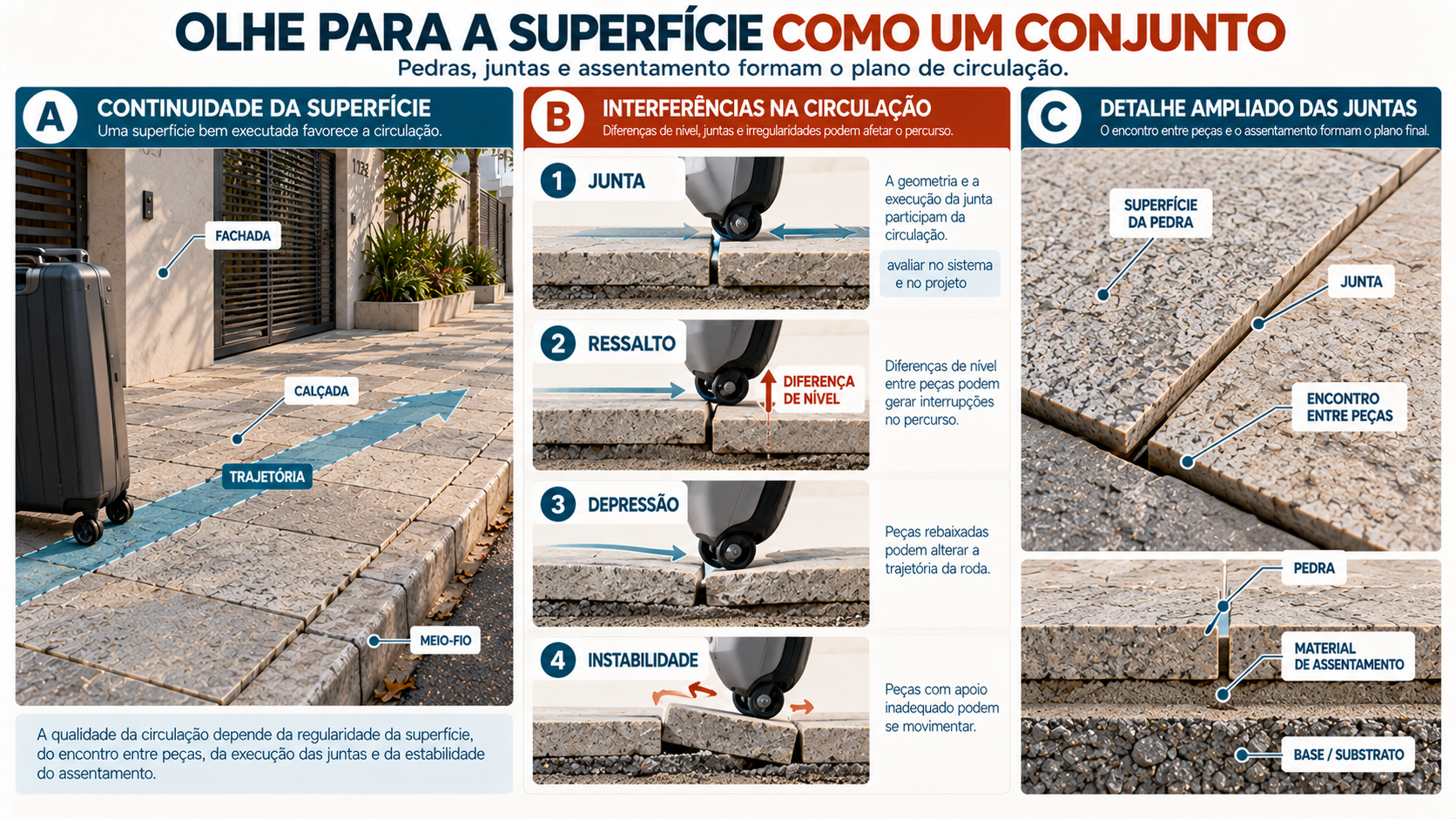 Diagrama técnico mostrando como juntas, ressaltos, depressões e pedras desniveladas interferem na regularidade de uma calçada