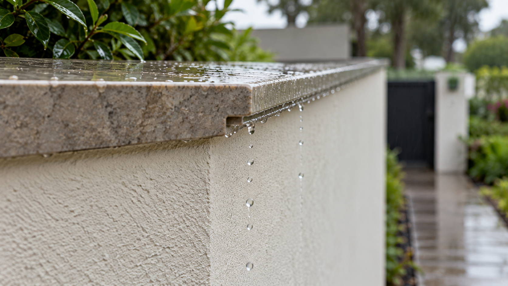 Topo de muro externo com pingadeira protegendo a face revestida da água da chuva Topo de muro externo com pingadeira protegendo a face revestida da água da chuva