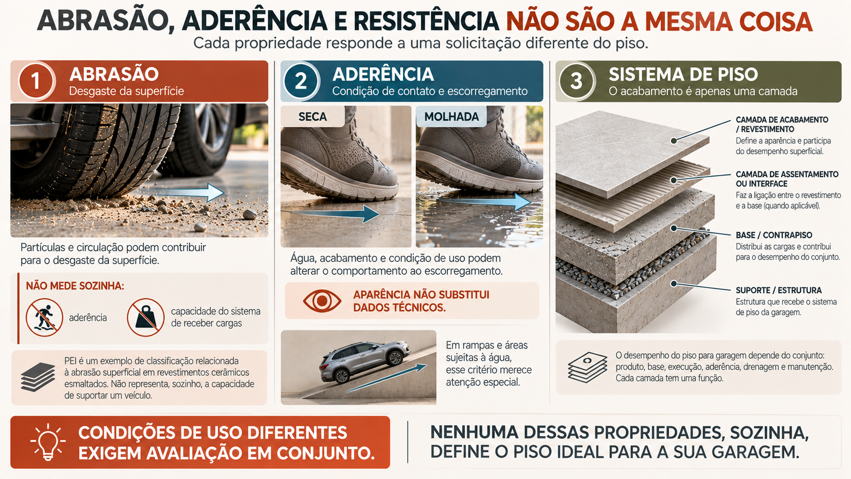 Piso para Garagem: Como Escolher o Tipo Certo? 4 Infográfico diferenciando abrasão superficial, resistência ao escorregamento e comportamento do sistema de piso em uma garagem