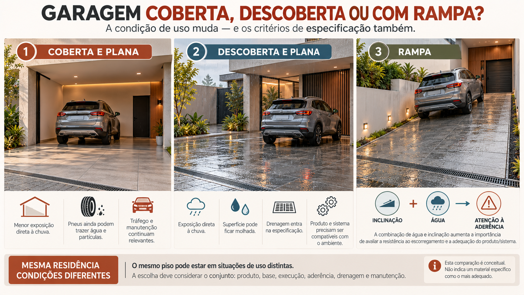 Piso para Garagem: Como Escolher o Tipo Certo? 3 Comparativo técnico entre garagem coberta, garagem descoberta e rampa de garagem exposta à água