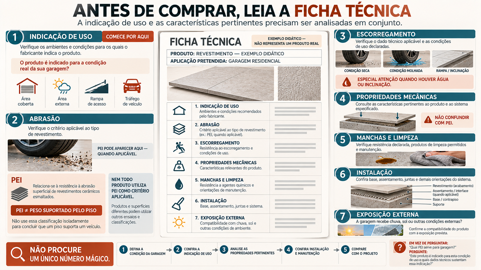 Piso para Garagem: Como Escolher o Tipo Certo? 8 Infográfico mostrando quais informações verificar na ficha técnica de um piso antes de especificá-lo para garagem