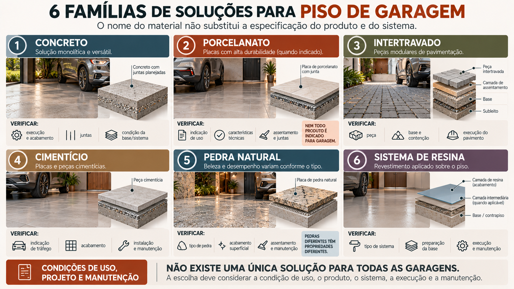Piso para Garagem: Como Escolher o Tipo Certo? 5 Prancha comparativa de concreto, porcelanato, piso intertravado, cimentício, pedra natural e sistema de resina para garagem