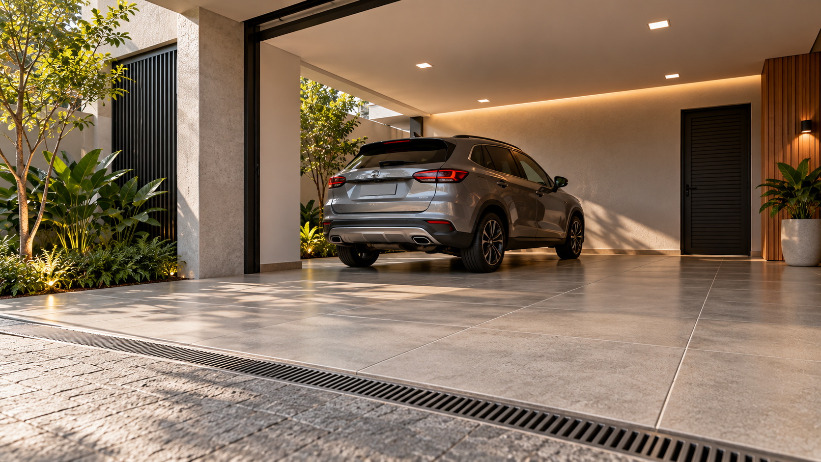 Piso para Garagem: Como Escolher o Tipo Certo? 1 Garagem residencial brasileira com automóvel estacionado sobre piso de acabamento mineral fosco integrado à fachada