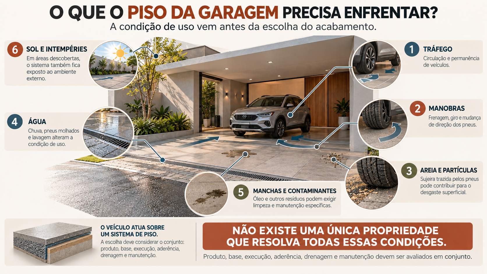 Piso para Garagem: Como Escolher o Tipo Certo? 2 Infográfico das principais solicitações sobre o piso de uma garagem residencial, incluindo veículos, pneus, areia, água, manchas e exposição externa