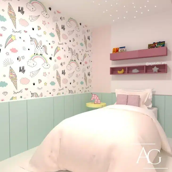Como Decorar um Quarto de Unicórnio: Ideias e Inspirações com 10 Dicas 1 quarto de unicórnio decorado com tecidos legais