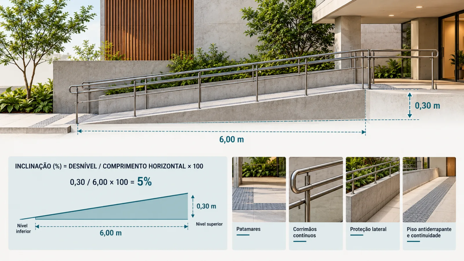 Normas de Acessibilidade: Como Aplicar no Projeto Arquitetônico 4 Infográfico de rampa acessível com exemplo de inclinação de 5%, desnível de 30 cm, desenvolvimento horizontal de 6 metros, patamares, corrimãos e proteção lateral.