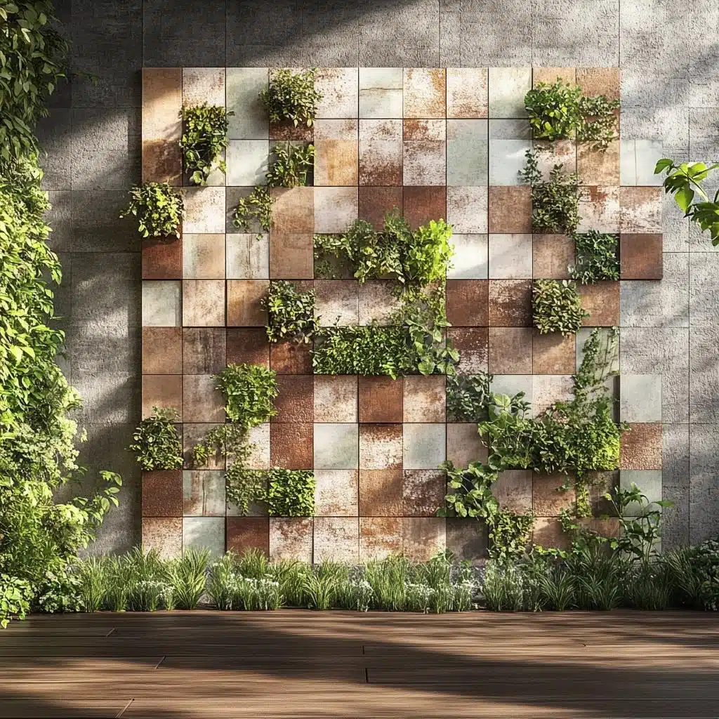 Parede externa combinando revestimento e vegetação Parede externa com módulos em tons terrosos intercalados com vegetação