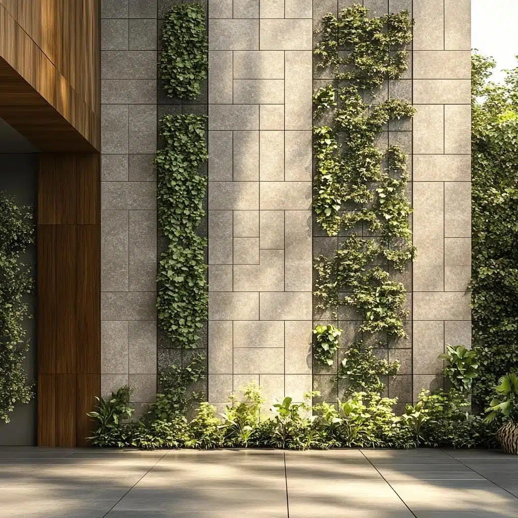Parede externa com placas e vegetação vertical Parede externa alta com placas retangulares cinza intercaladas por faixas de vegetação