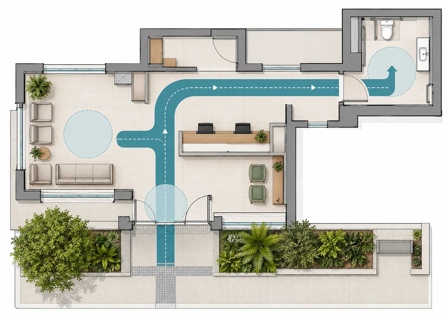 Normas de Acessibilidade: Como Aplicar no Projeto Arquitetônico 2 Planta arquitetônica esquemática com rota acessível destacada entre entrada, recepção, circulação e sanitário.