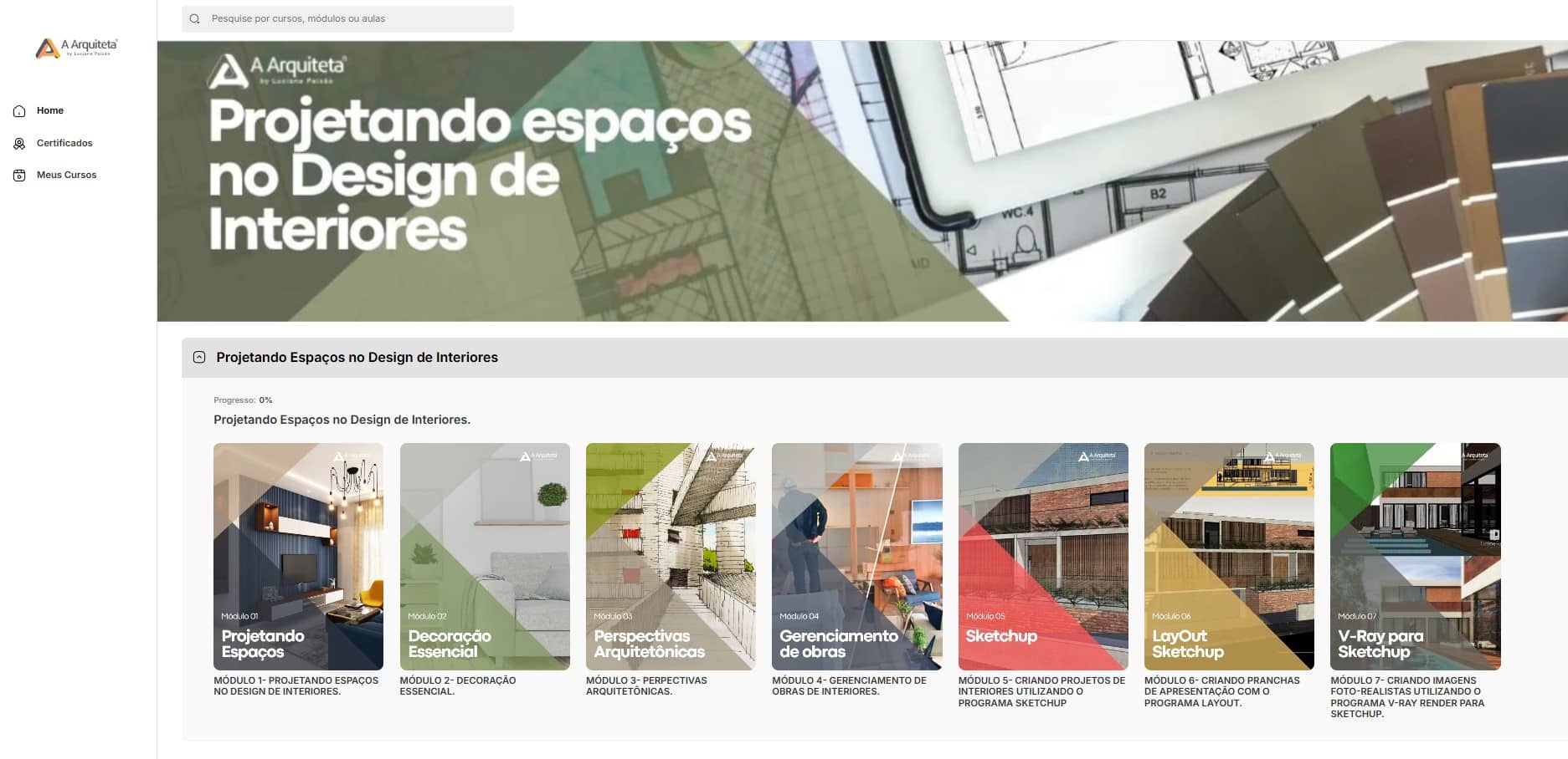 Parceria A Arquiteta e Anhanguera: Cursos de extensão online Chancelados pelo MEC para Transformar Sua Carreira! 6 tela inicial do curso Projetando espaços no Design de INteriores. CUrso de extensão com chancela Anhanguera MEC