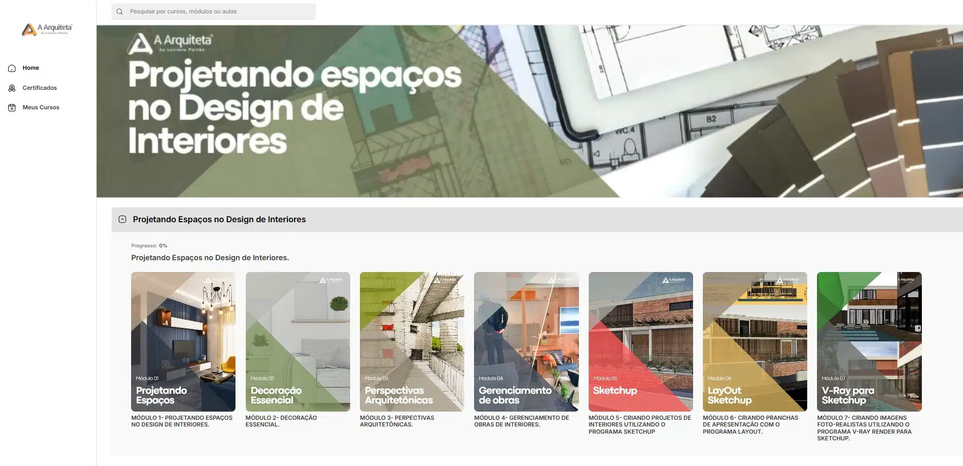 Tela da plataforma do curso Projetando Espaços no Design de Interiores