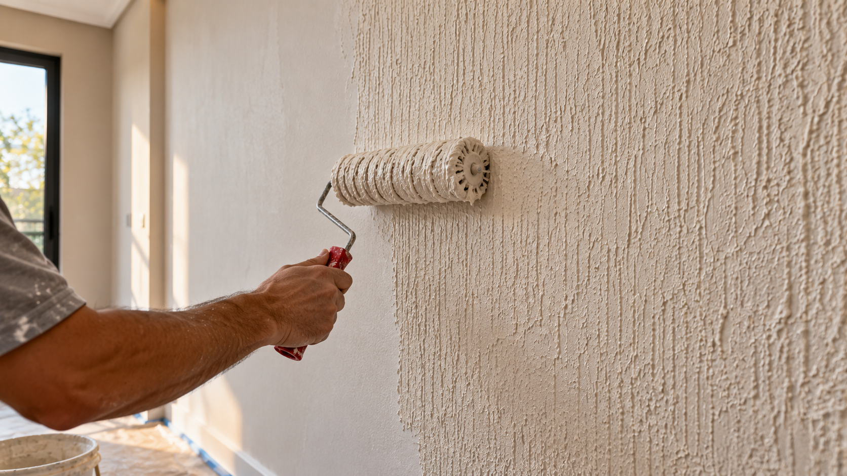 Textura de parede: tipos, efeitos e como escolher a melhor para cada ambiente 3 Aplicação de textura de parede com rolo texturizador