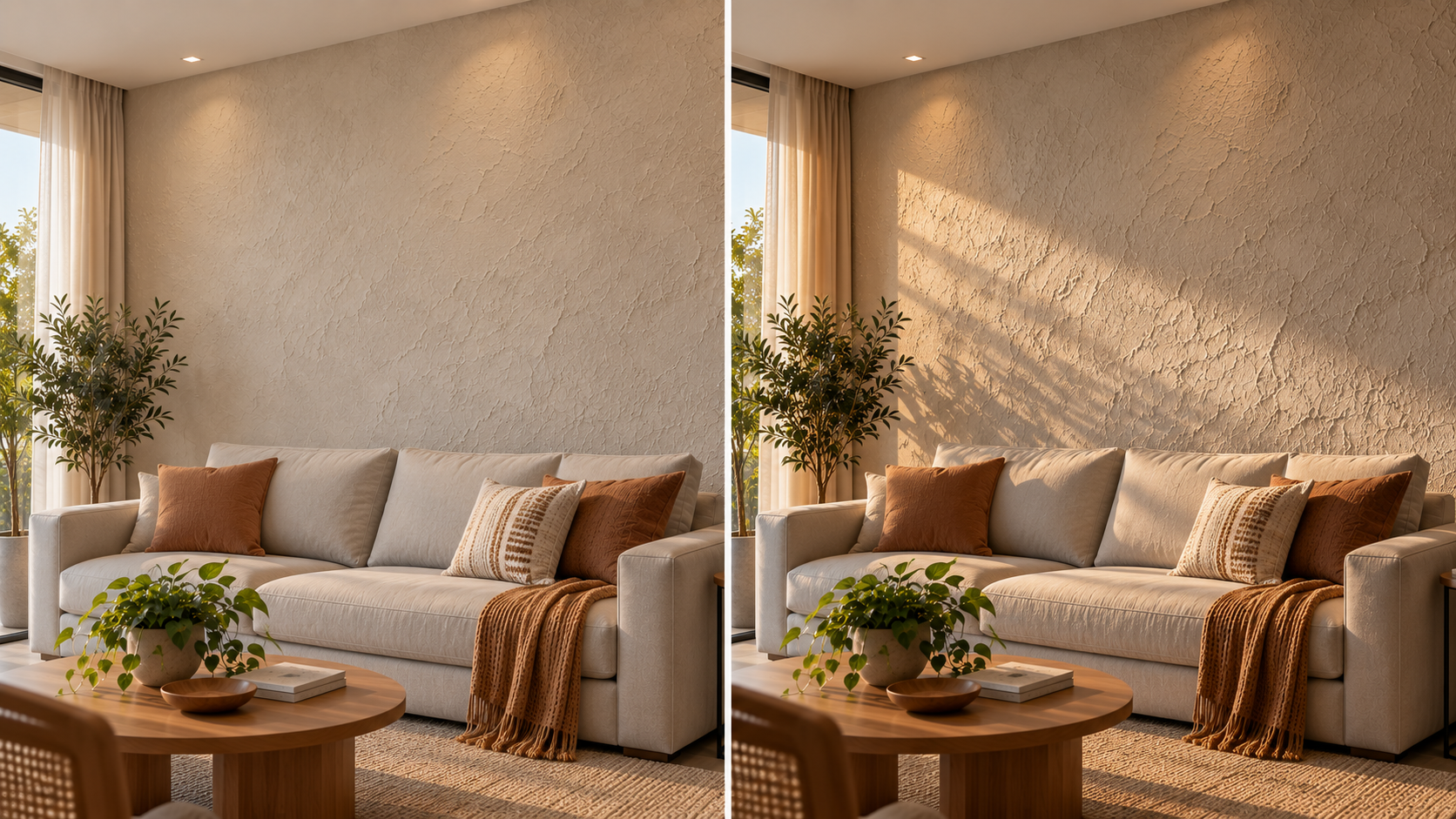 Textura de parede: tipos, efeitos e como escolher a melhor para cada ambiente 9 Mesma textura de parede com iluminação frontal e lateral
