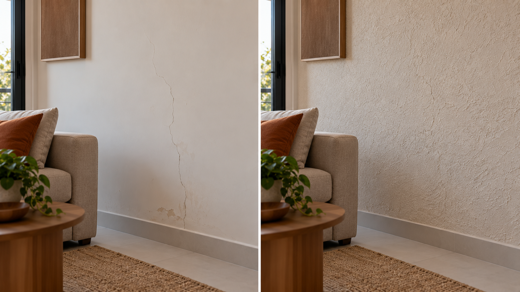 Textura de parede: tipos, efeitos e como escolher a melhor para cada ambiente 10 Comparação mostrando que textura pode ocultar visualmente um problema na parede sem corrigir sua causa