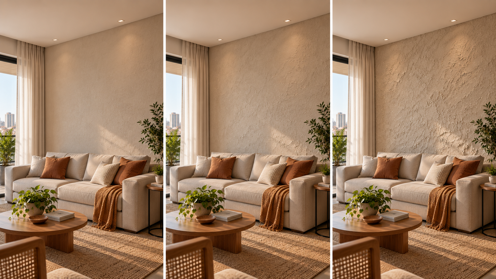 Textura de parede: tipos, efeitos e como escolher a melhor para cada ambiente 1 Comparação da mesma parede com textura suave, média e mais pronunciada