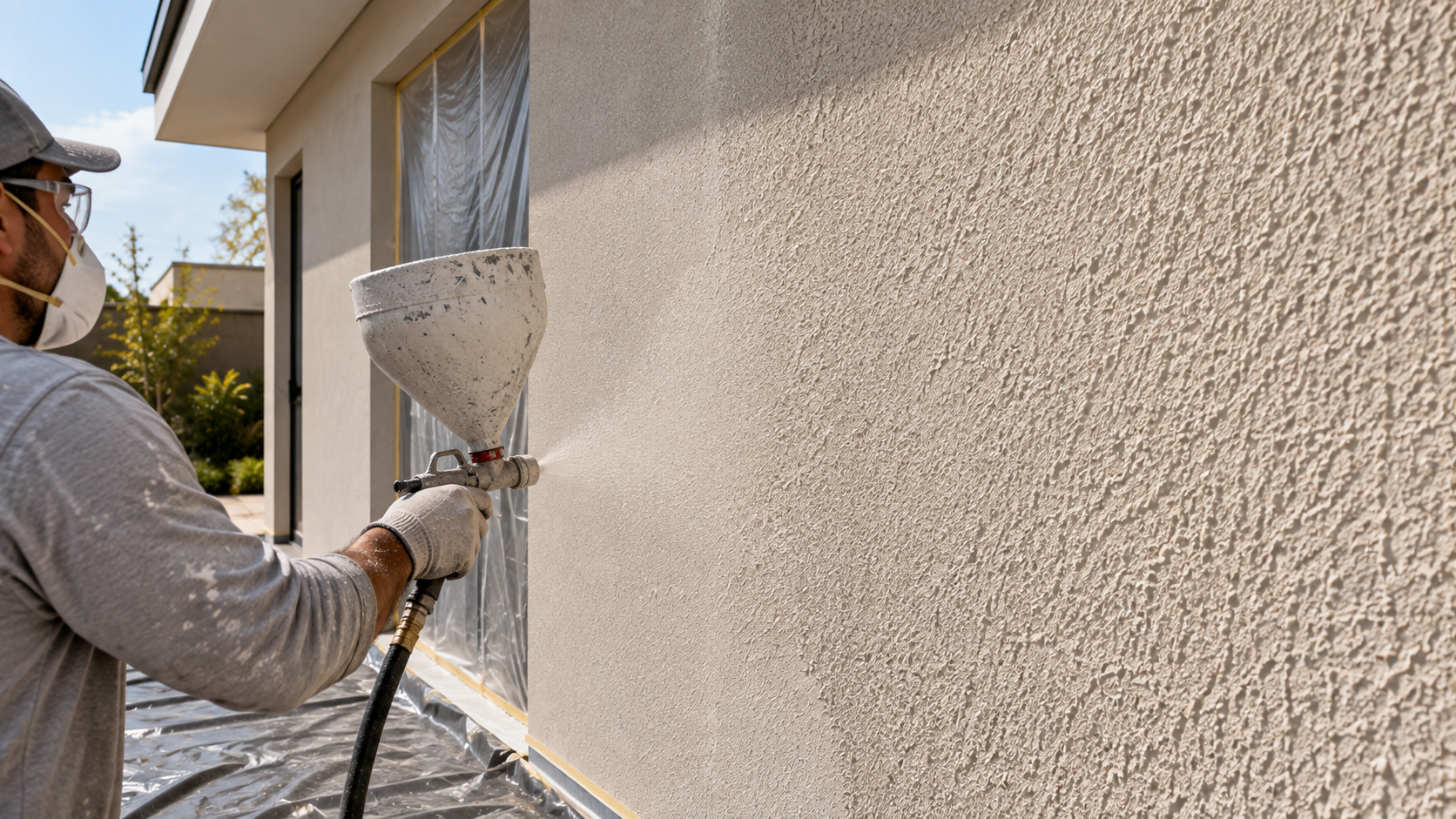 Textura de parede: tipos, efeitos e como escolher a melhor para cada ambiente 5 Aplicação de textura projetada em parede externa