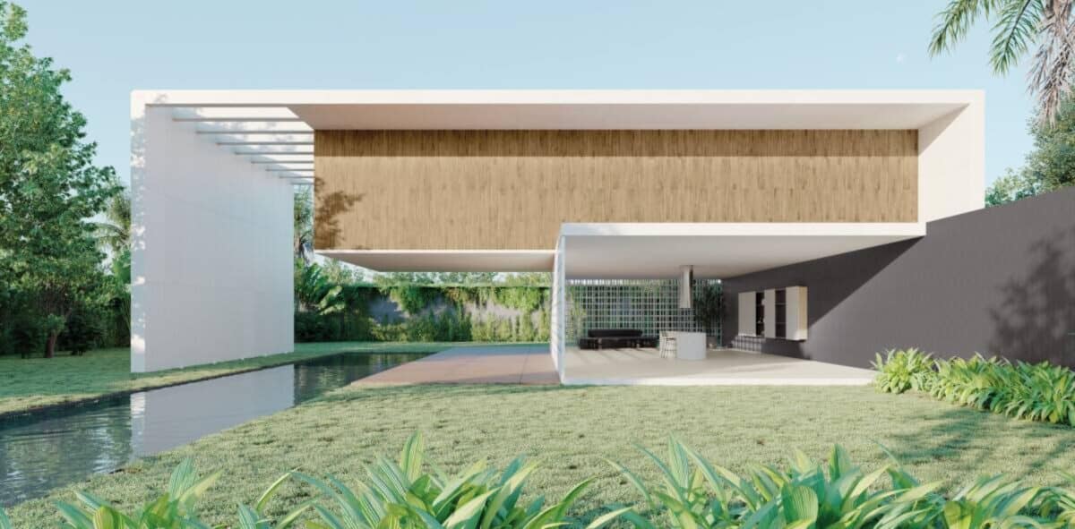 Faixada de casa moderna com amplo quinta e trabalho de paisagismo