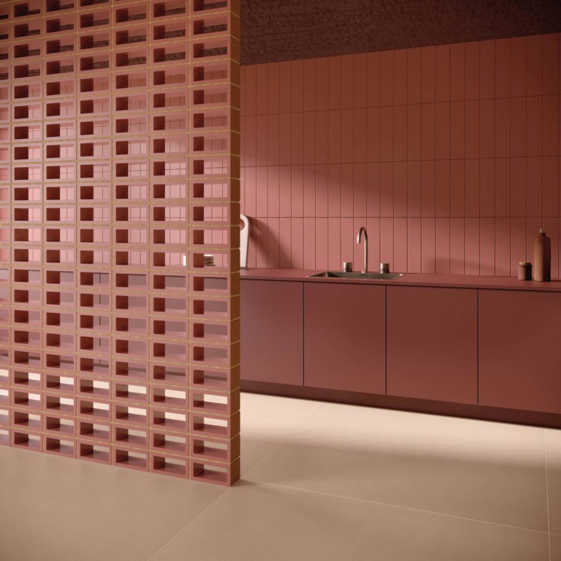 Cozinha monocromática em porcelanato rosa fosco