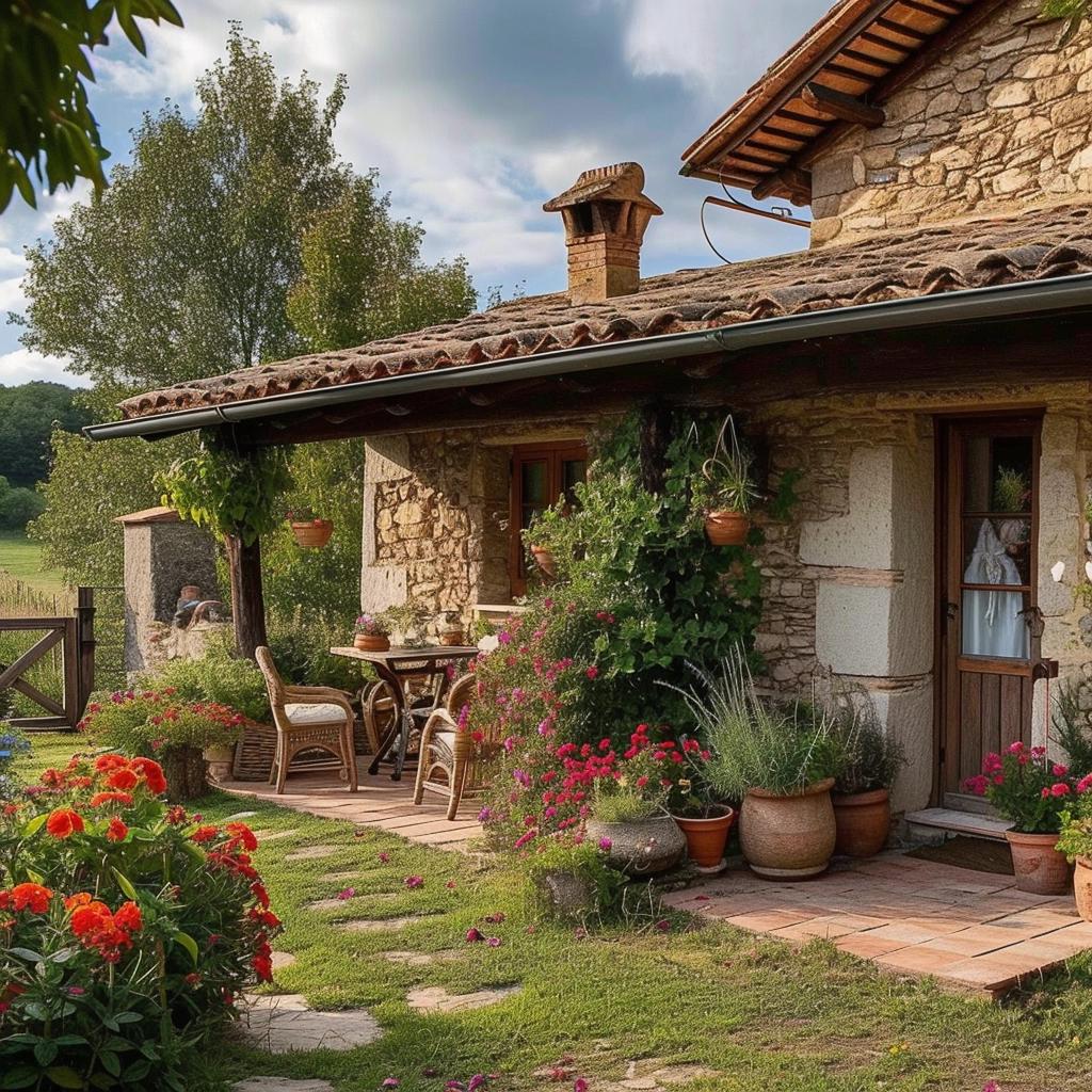 Jardim rústico com caminho de pedra e pátio Jardim de casa rústica com caminho de pedra, vasos floridos e pátio com móveis externos