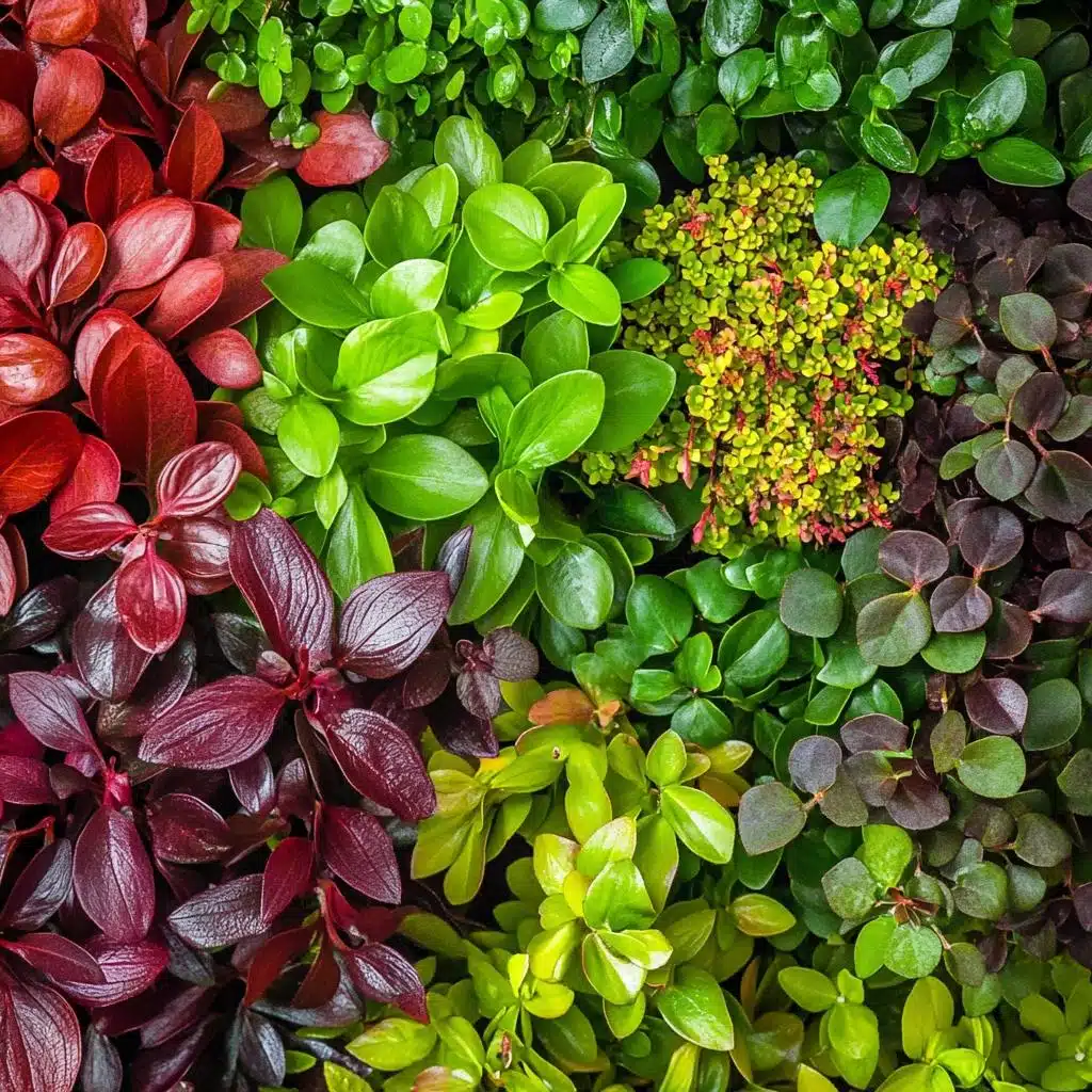 Combinação de folhagens baixas para cobertura do solo Composição de plantas baixas com folhagens verdes, vinho, avermelhadas e verde-limão
