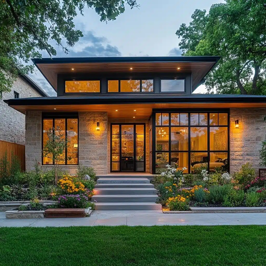 Fachada simples com pedra e paisagismo Fachada contemporânea com pedra, esquadrias escuras, iluminação quente e jardim frontal