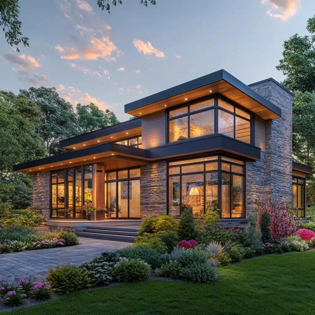 Referência de fachada contemporânea com materiais combinados Residência contemporânea de maior porte com pedra, vidro, metal e jardim abundante