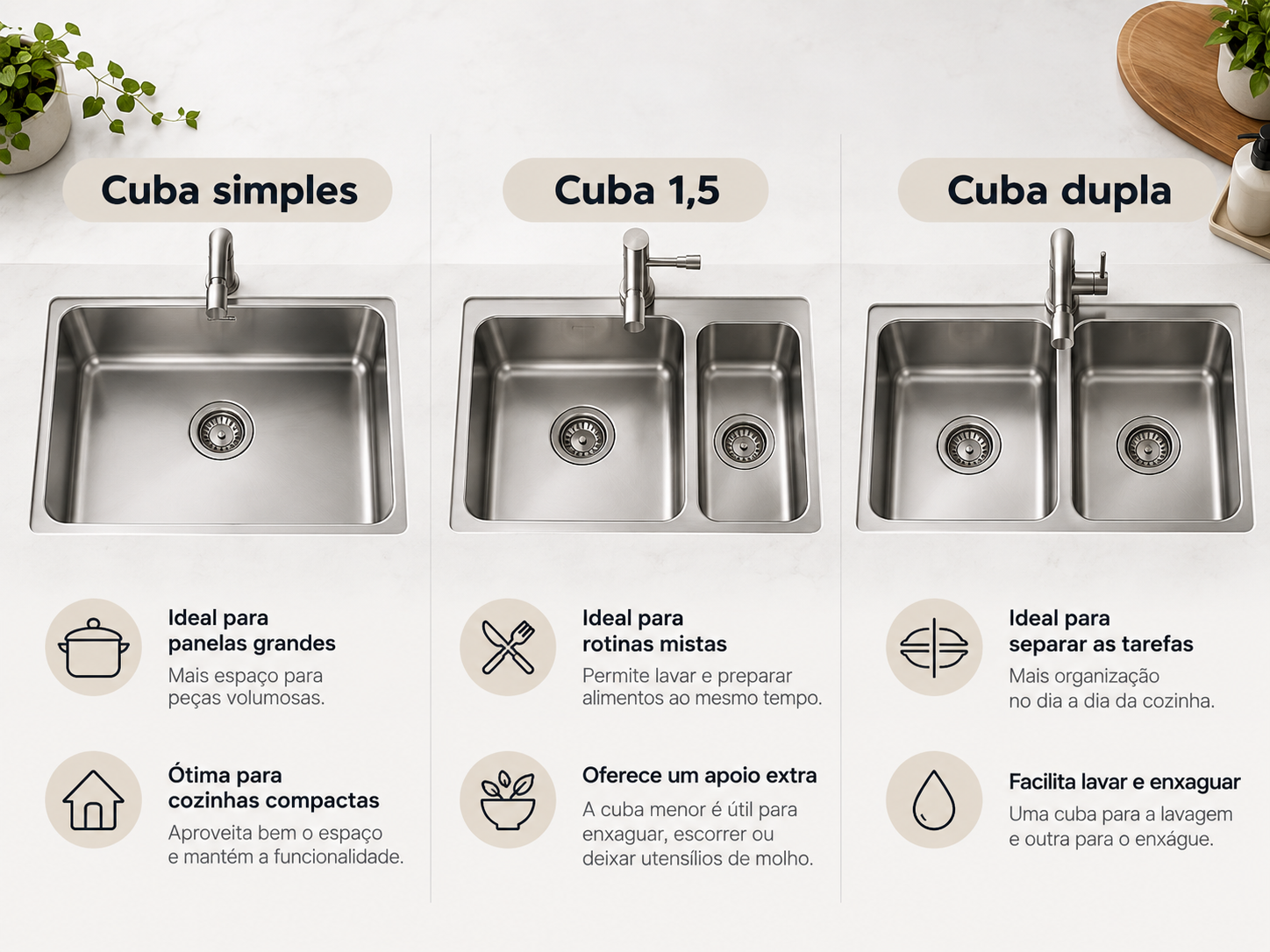 Cuba para cozinha: tipos, medidas, materiais e como escolher 2 Comparação entre cuba simples, cuba 1,5 e cuba dupla de inox para cozinha
