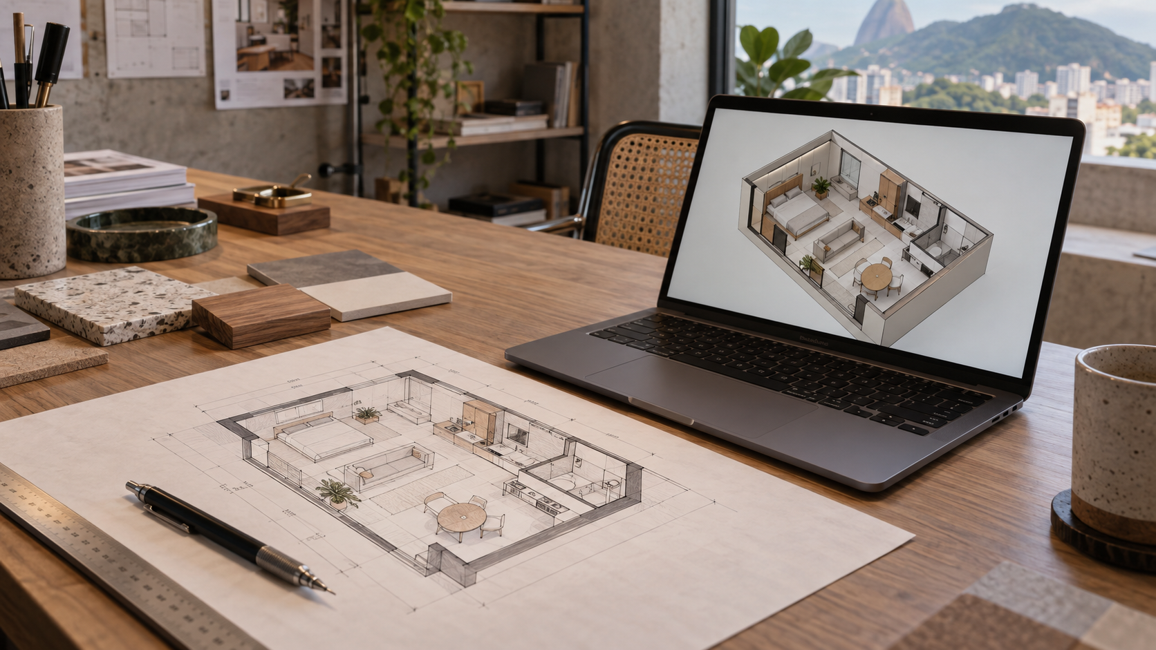 Processo de projeto de interiores com croqui e modelo tridimensional no computador