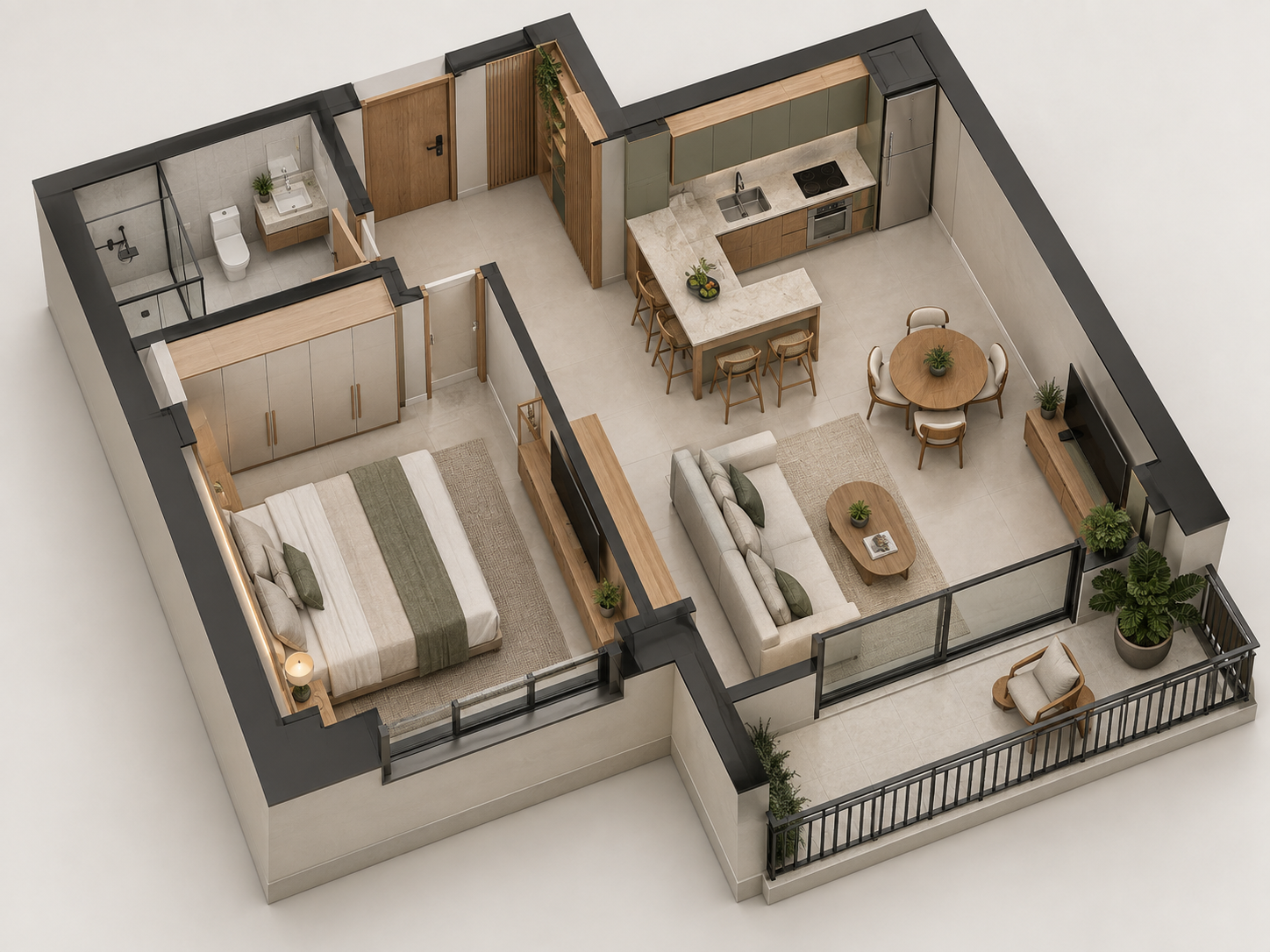 Modelo 3D organizado de um ambiente residencial contemporâneo