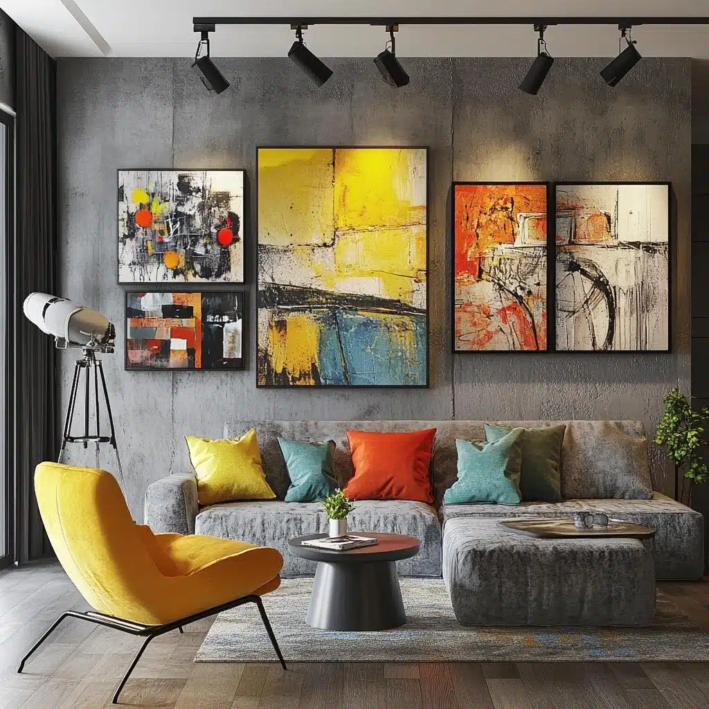 Parede cinza com cores vibrantes Sala com parede cinza texturizada e decoração colorida