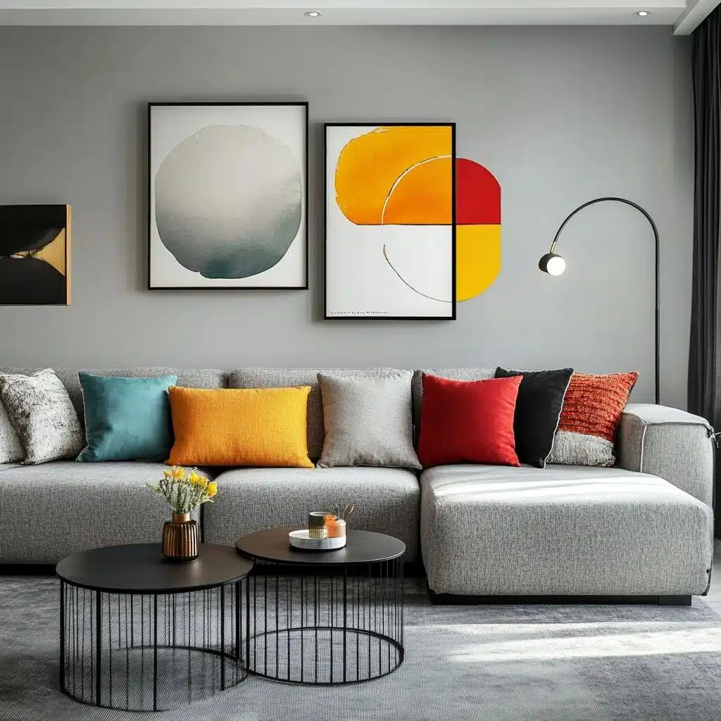 Parede cinza média com pontos de cor Sala com parede cinza e almofadas coloridas