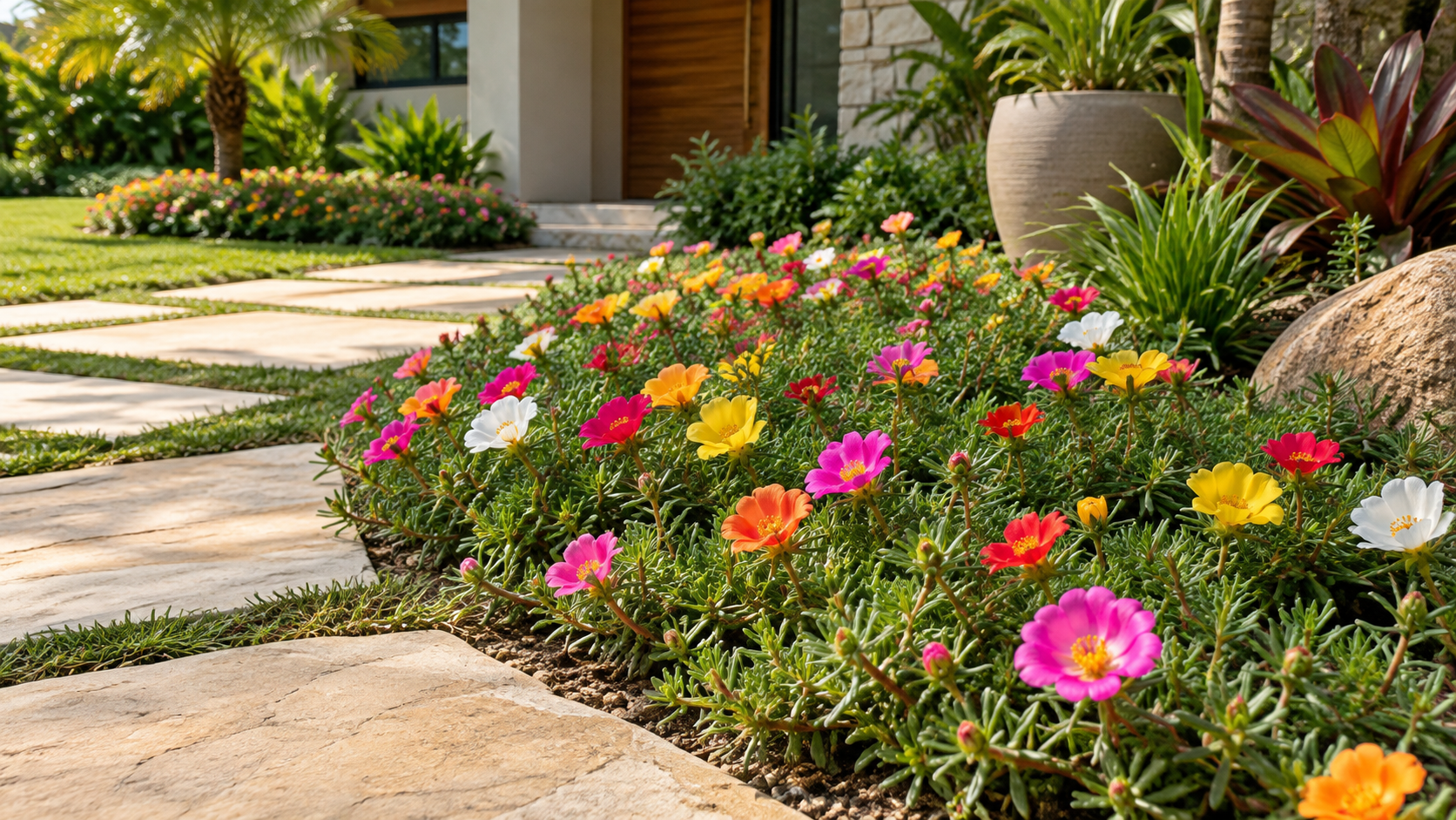 Onze-horas (Portulaca grandiflora) em jardim de sol Onze-horas com flores coloridas formando bordadura em canteiro ensolarado