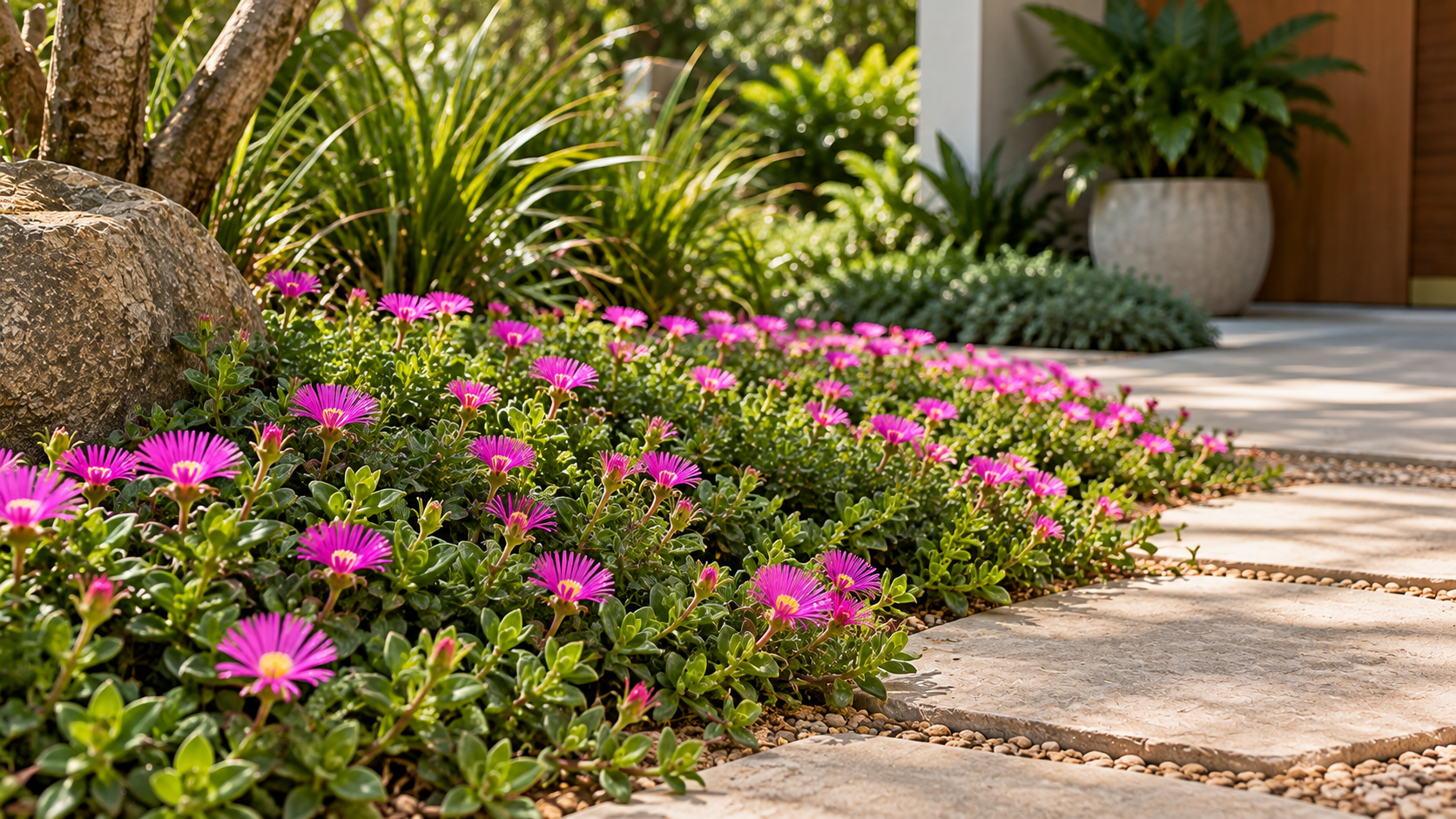 Rosinha-de-sol em canteiro ensolarado Rosinha-de-sol formando tapete de folhas suculentas e flores magenta junto a caminho