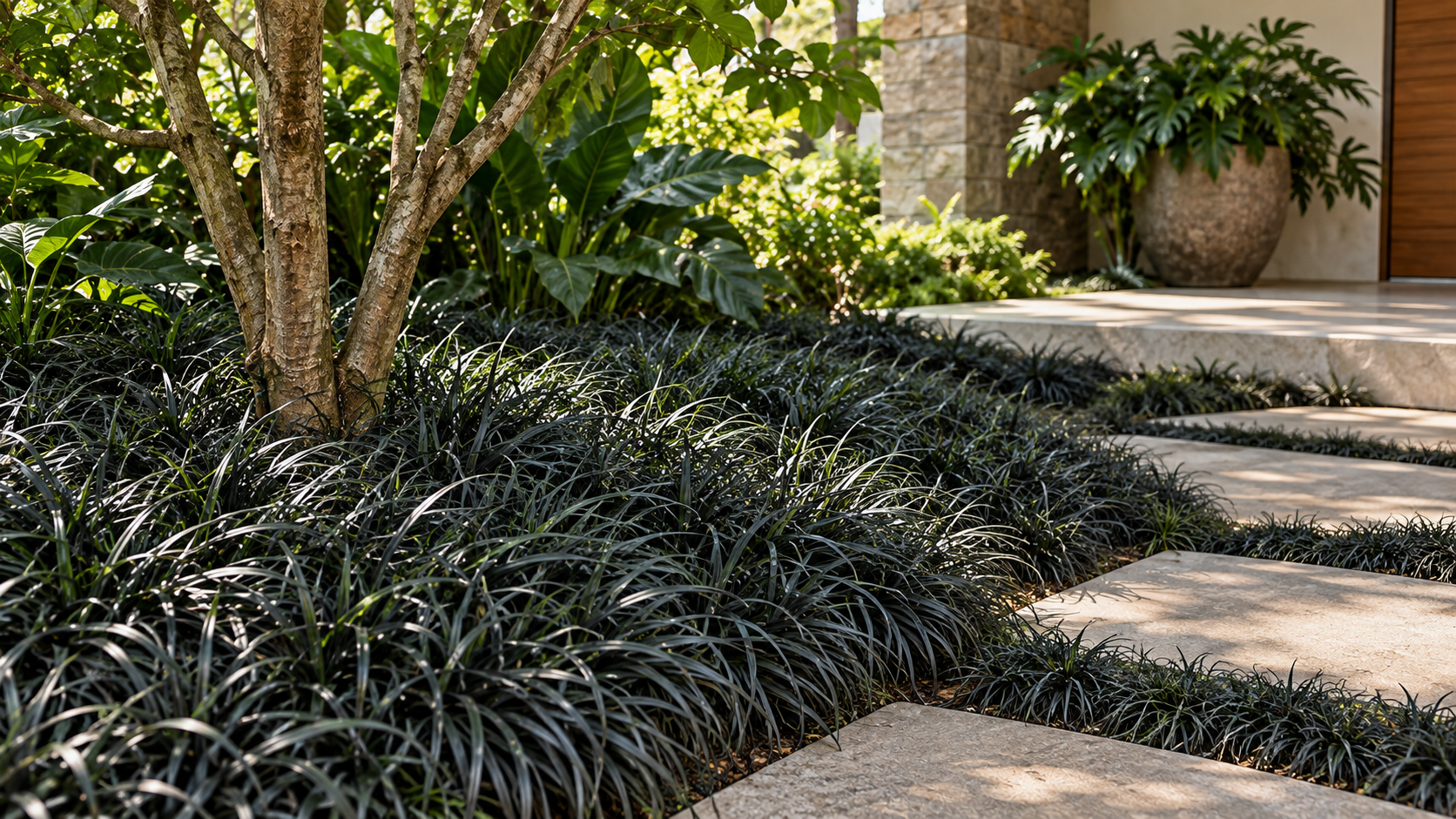 Grama-preta (Ophiopogon japonicus) em meia-sombra Grama-preta formando maciço entre pedras de caminho em jardim de meia-sombra
