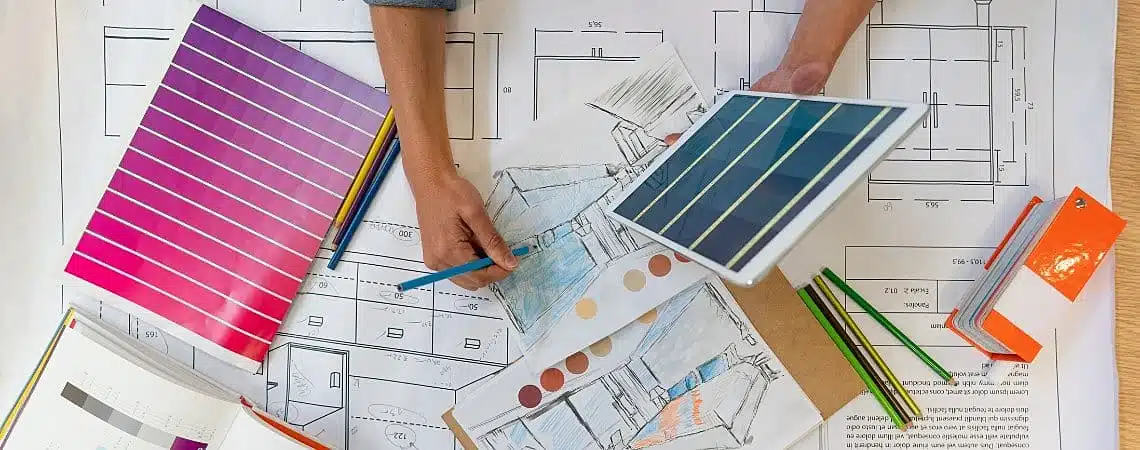 Planta de interiores com amostras de cores, materiais e desenhos de projeto