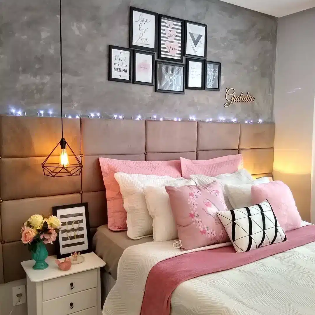 QUARTO CINZA: 12 DICAS PARA RENOVAR O SEU AMBIENTE 3 Quarto cinza e rosa: Um tom mais descontraído que combina bem com a cor cinza.