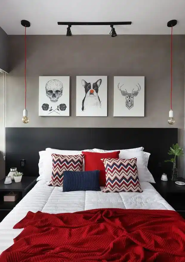 QUARTO CINZA: 12 DICAS PARA RENOVAR O SEU AMBIENTE 7 Quarto cinza e vermelho: Oferece climas variados; pode ser impactante ou suave.