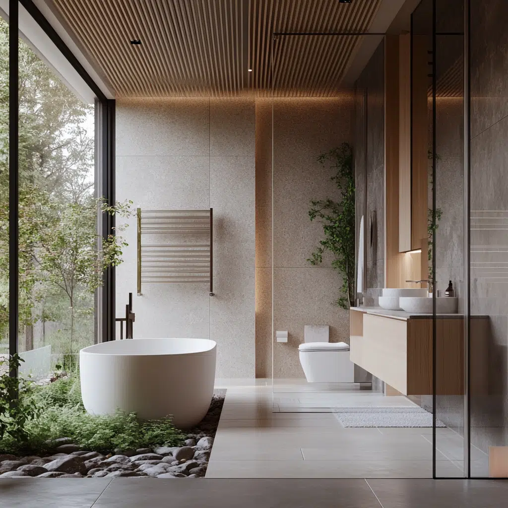 Conforto e relação com a natureza no Design de Interiores Banheiro contemporâneo integrado a jardim com luz natural e materiais neutros