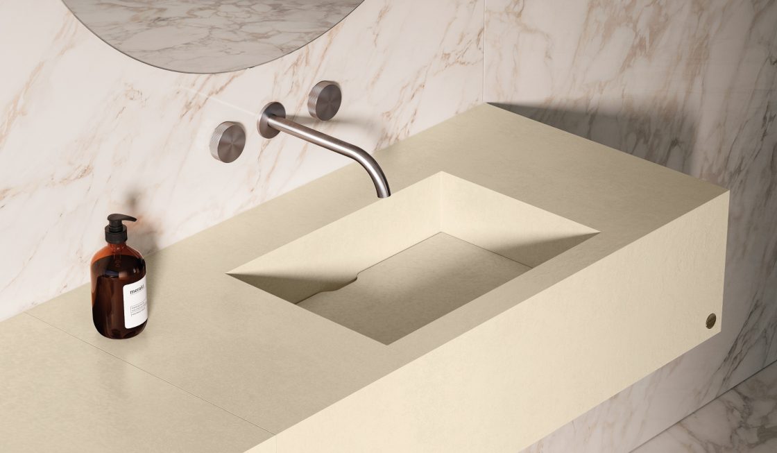 Principais dúvidas sobre bancadas de porcelanato 10 7 Bancada de banheiro executada em Dansk Cement White (Projeto: Officina Portobello)