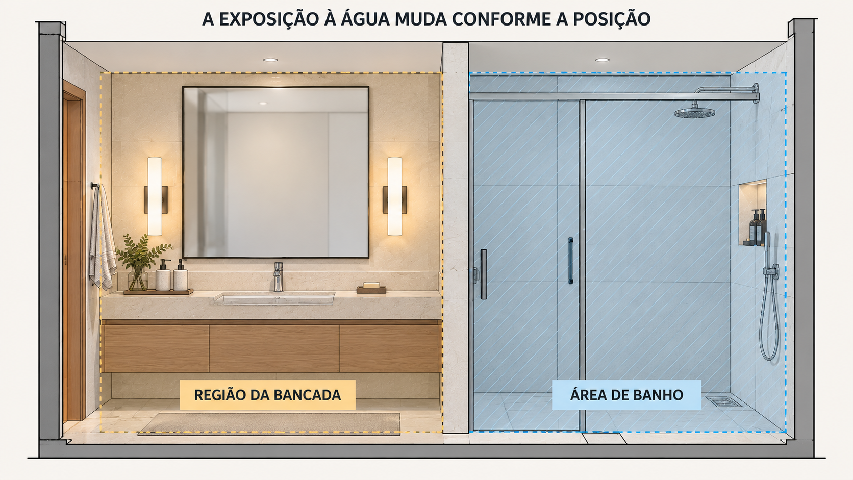 Desenho técnico mostrando arandela junto ao lavatório e área de banho separada