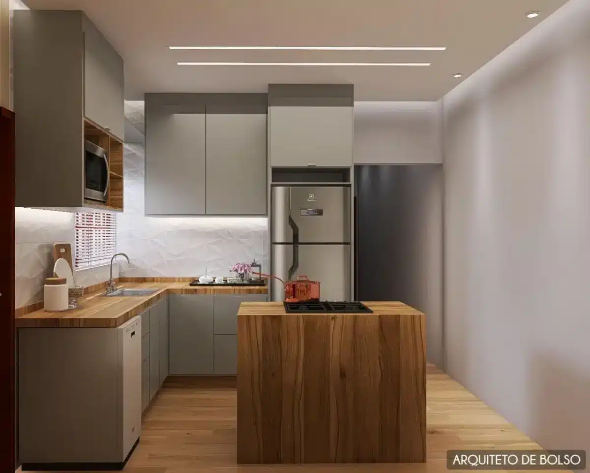 Balcões de Cozinha: Ideias para Transformar Seu Espaço 3 Balcão de cozinha de cor clara e design moderno com detalhes em madeira.