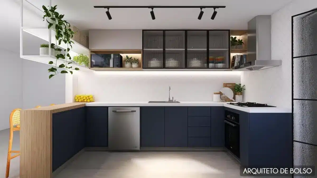 Balcões de Cozinha: Ideias para Transformar Seu Espaço 2 Balcão de cozinha em L, aproveitando melhor o espaço e facilitando a interação.