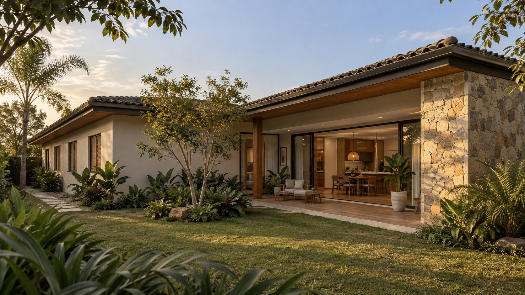 Casa em L: 12 projetos e plantas para entender se esse formato funciona no seu terreno 3 Casa em L com três quartos, suíte e jardim central