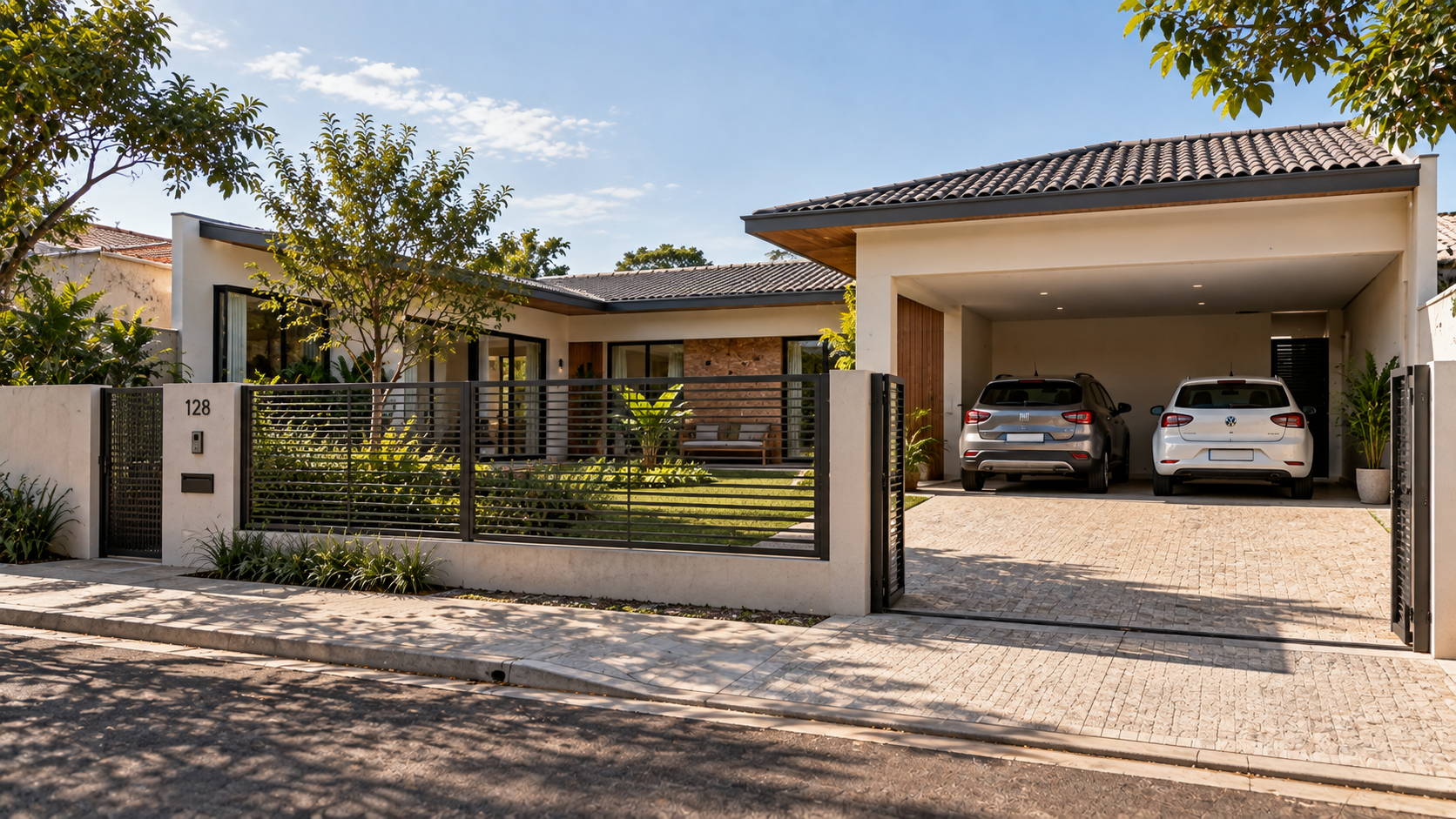 Casa em L: 12 projetos e plantas para entender se esse formato funciona no seu terreno 11 Casa em L com garagem formando uma das alas