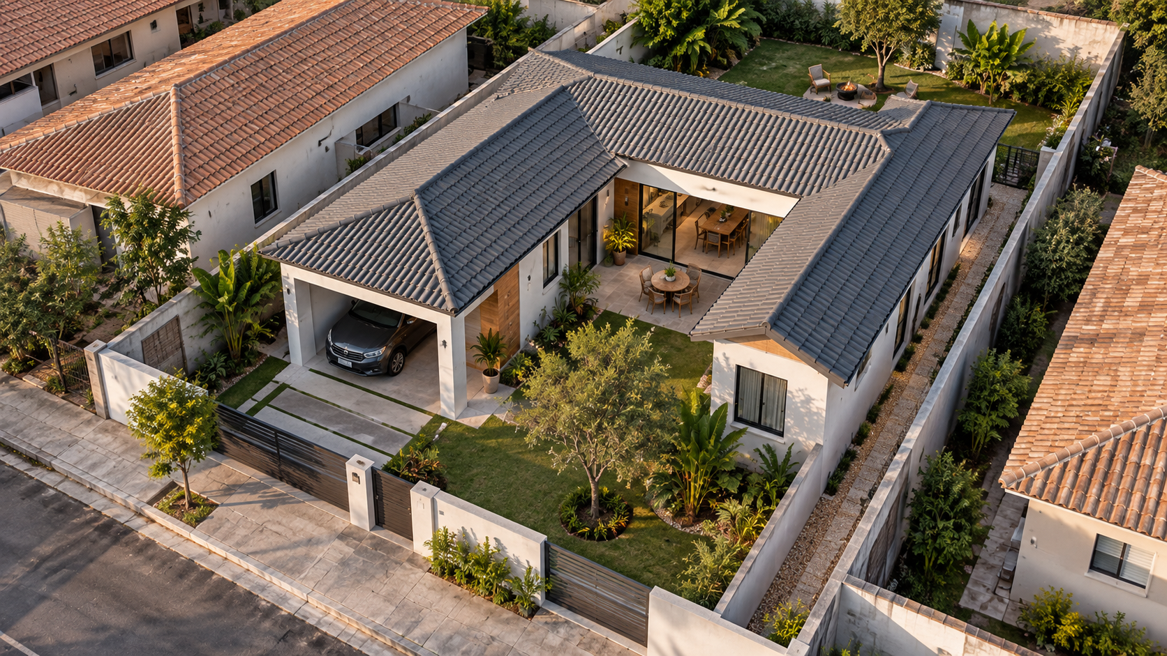 Casa em L: 12 projetos e plantas para entender se esse formato funciona no seu terreno 5 Casa em L implantada em terreno urbano de 10 por 20 metros