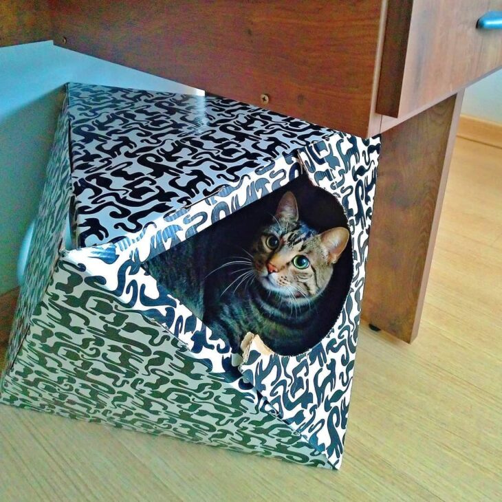 Imagem de um playground artesanal projetado para gatos, combinando diversão e descanso.