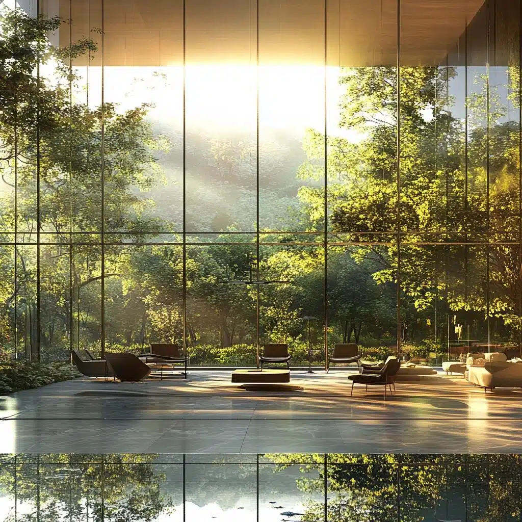 Luz natural em ambiente com grandes painéis de vidro Ambiente com grandes painéis de vidro recebendo forte iluminação natural diante de área verde
